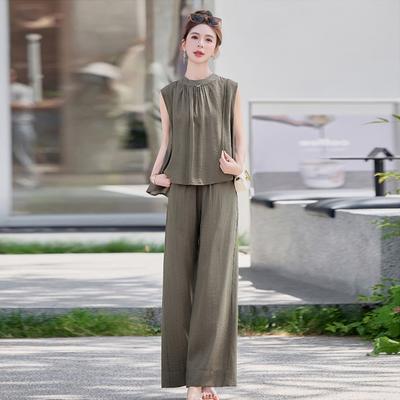 Ärmelloses Oberteil mit Weitbein-Hose Zweiteiler Damen Sommer Neu Temperament Mode Lässiger Anzug