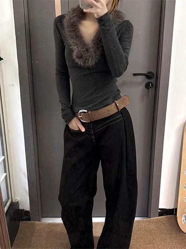 Women's Korean V-Neck Long Sleeve Slim Fit T-Shirt with Fur Collar - Spring 2026 Edition