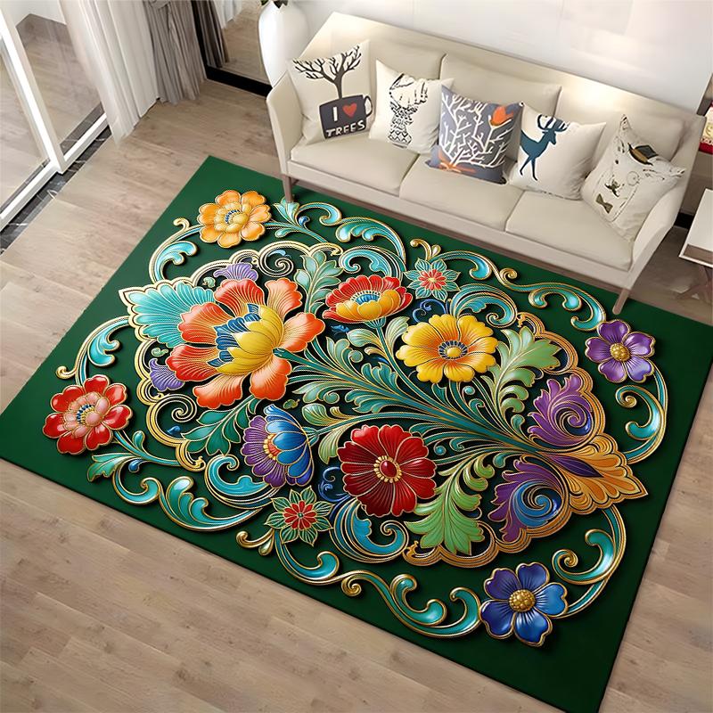 Floral Pattern Carpet with Colorful Floral Swirls on Green Background Suitable for use as an anti-slip for living room bedroom sofas
