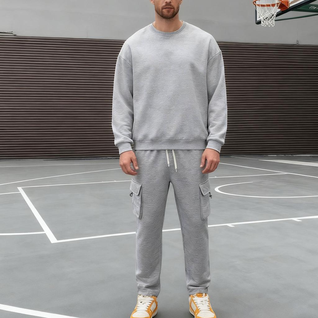 Men's Casual Sportswear Set Autumn/Winter Fleece-Lined Heavyweight Oversized Long-Sleeved Crew Neck Sweatshirt and Trousers Set