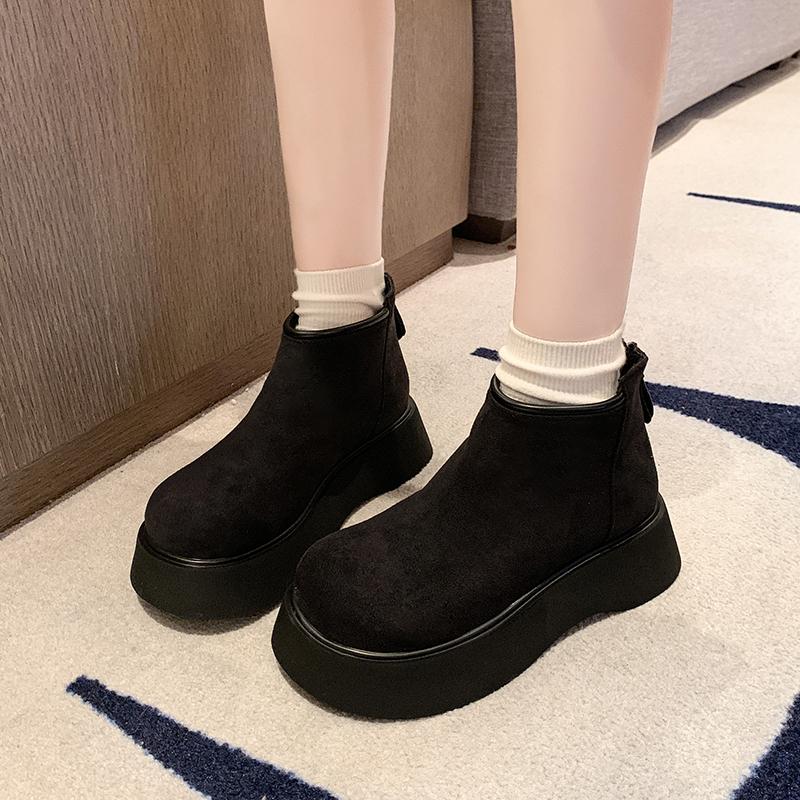 Women's Fashion Platform Snow Boots Winter New Round Head Suede Back Zipper Anti-slip Wear-resistant Short Boots