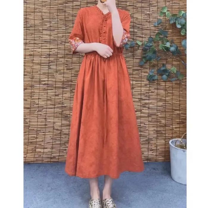 Retro Ethnic Embroidered Cotton Jacquard Midi Dress - Slim Fit, Cinched Waist, Trendy Summer Style