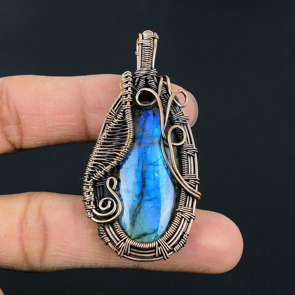 Handmade Labradorite Wire Wrapped Pendant Blue Flash Gemstone Necklace  Antique Copper Jewelry for Women & Men