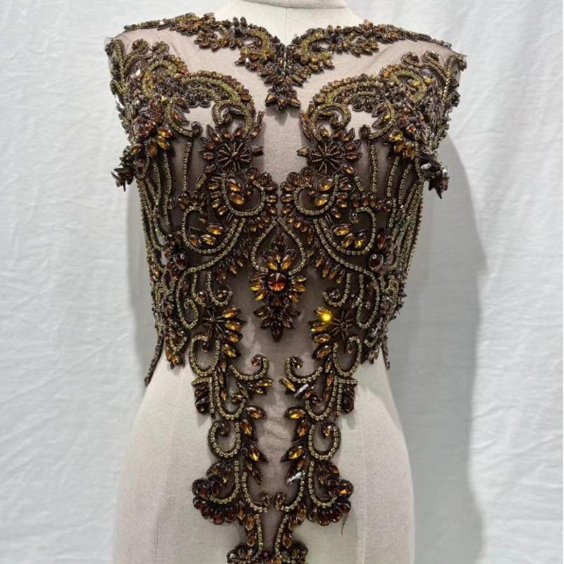 22 Colors Hand-Sewn Glass Rhinestone Beaded Embroidered Mesh Applique Patches for Dress Decoration Clothing Accessories