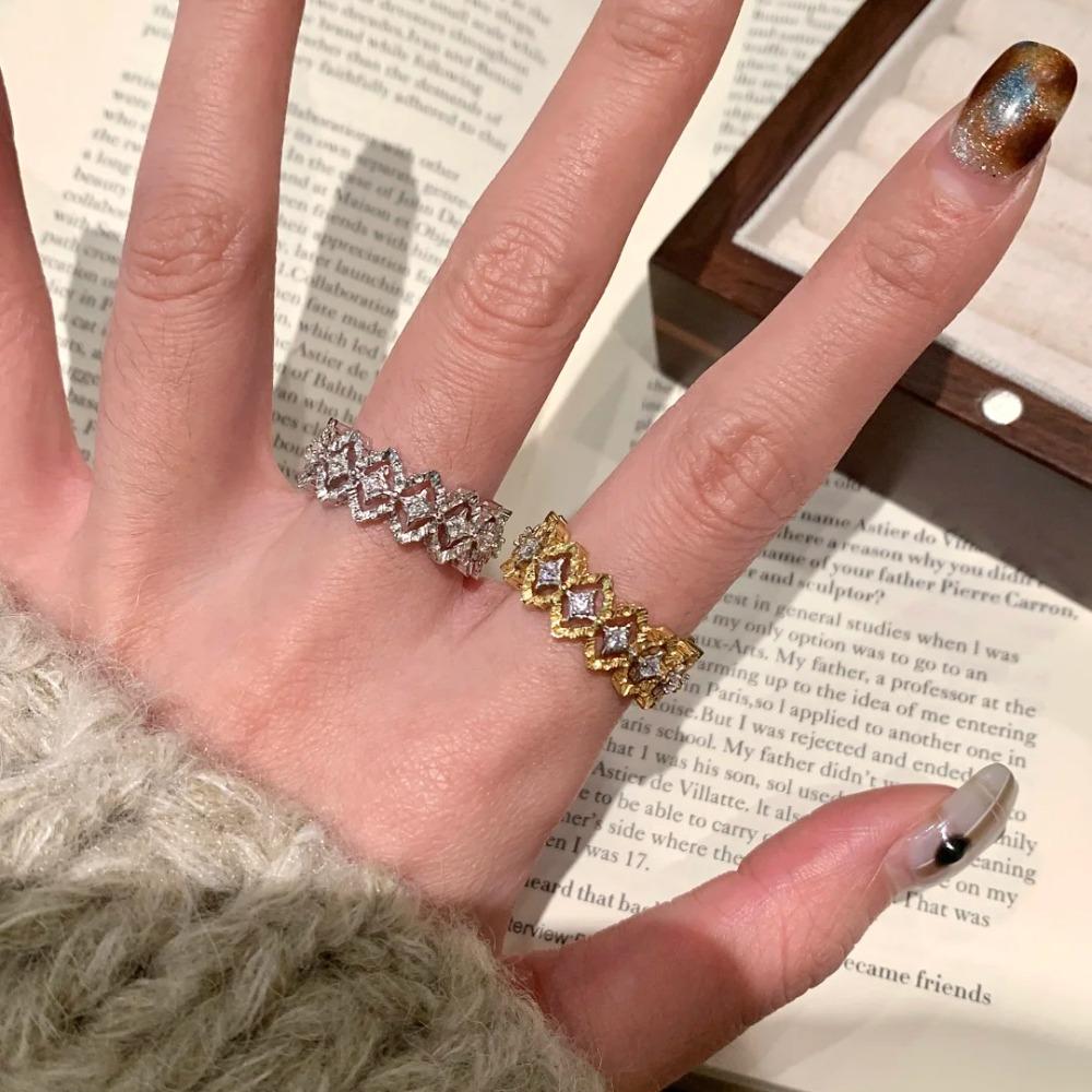 Italian Vintage Lace Rings for Women Elegant Diamond Rhinestone Gold Plated Hollow Design Fashion Jewelry