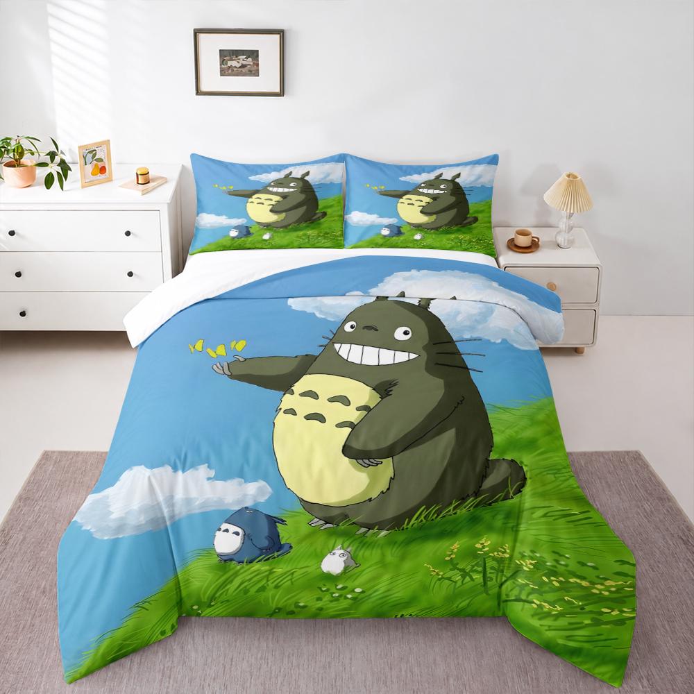 3 Piece Bedding Set Totoro Studio Ghibli Big Grey Green Belly Smile Yellow Butterflies Small Blue White Totoros Grass Art Print for Adult Room Decor