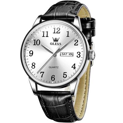 OLEVS Black Stylish Quartz Watch Analog Waterproof Popular Watch Leather Belt Business Clock Day of the Week Easy To Read Present White Dial Watch