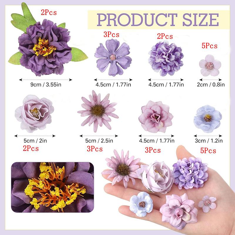 23/25Pcs Artificial Purple Flower Head Mini Silk Flower Fake Peony Daisy Rose Flower Wedding Home Decoration Party Craft Wreath
