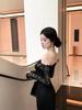 French Retro One-Shoulder Lace Long Sleeve Elegant Black Bodycon Dress
