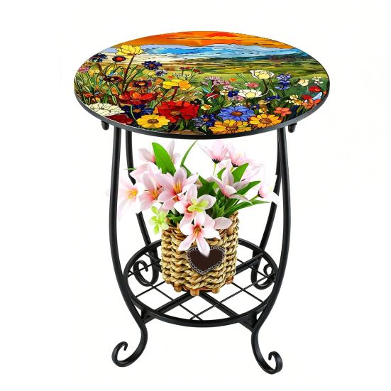 Huaqianguhh Outdoor Side Table, Round Small Mosaic Bird Butterfly Patio Accent, Indoor End Plant Coffee Tea Table for Yard Porch Garden Living