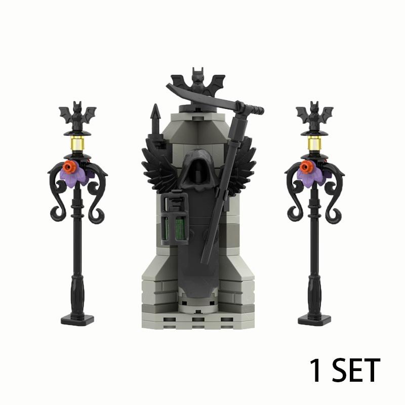 MOC Steine Mittelalter Alchemie Raum Küche Zauberer Trank Bausteine Teufelsquelle Schloss Straßenlaterne Hexen Figuren Szene Schädel