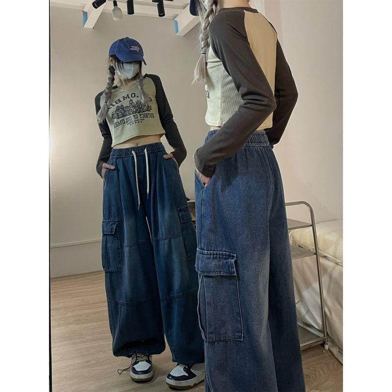 Four Season Women Loose Retro Jeans Tooling Wide-leg Loose Mopping Pants Hip-hop Hiphop Casual Pants