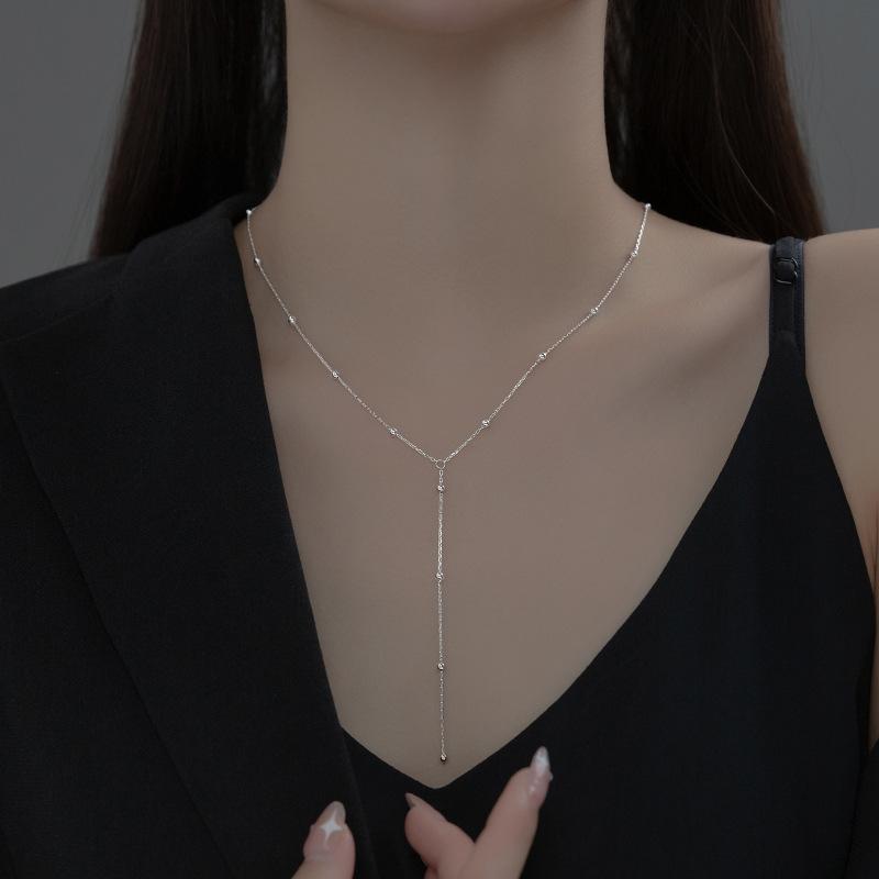 S925 Silver Temperament Necklace Female Korean Version Sweet Small Fresh Light Bead Y Word Tassel Clavicle Chain Necklace