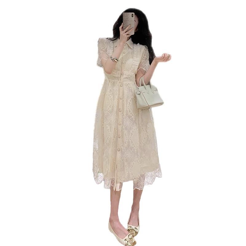 French Heavy Industry Lace Embroidered Lapel Single-breasted Waist Slim Dress Dress