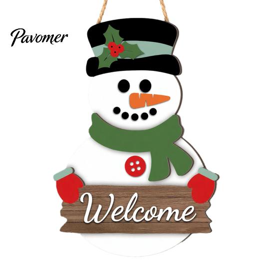 Vintage Style Xmas Sign Christmas 2D Wooden Welcome Hanging Sign, Cartoon Santa Snowman Tree Winter Seasonal Home Ornament Door Hanger with Rope, Wall