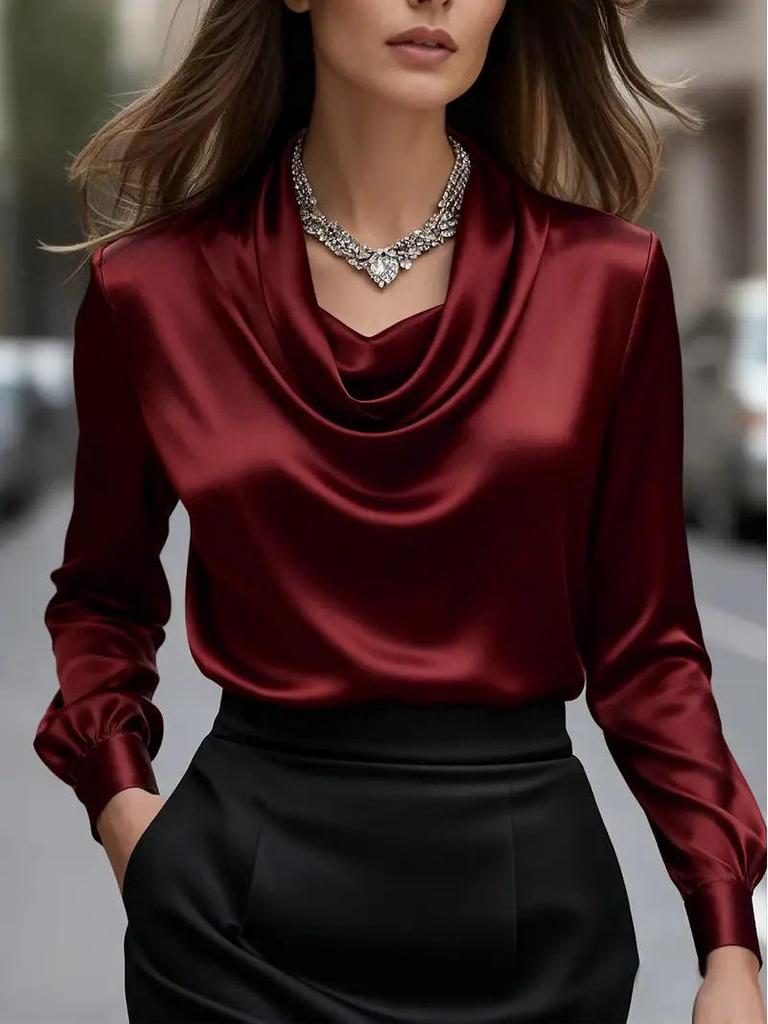 2025 Autumn/Winter Elegant High Neck Satin Gabardine Long Sleeve Shirt