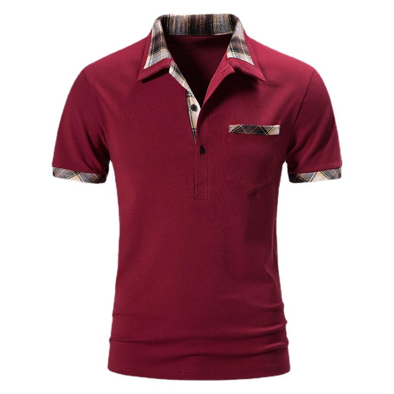 Summer Men's Casual Loose Short Sleeve T-shirt Men's Plaid Color Matching Lapel Polo Shirt