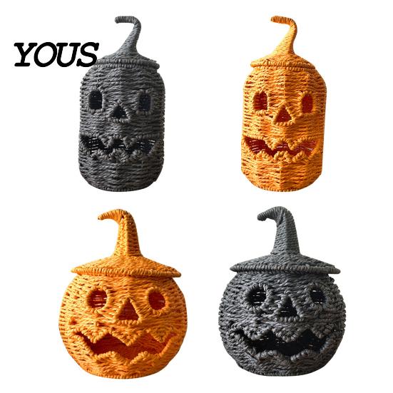 Rustieke Zeegras Opbergmand Handgeweven Halloween Pompoenmand, Spookachtige Snoepmand met Deksel, Vintage Rotan Seizoensgebonden Verlichte Lantaarn voor Veranda Display