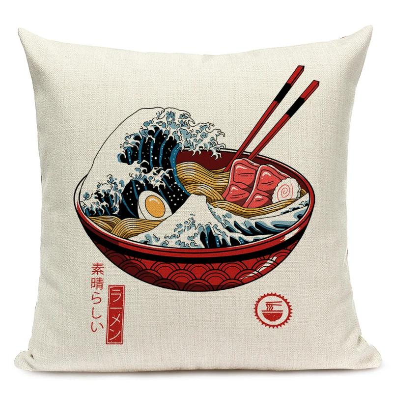 Japanese Style Decorative Cushion Cover Cute Japanese Ramen Tea Cat Octopus Pillowcase for Home Decor