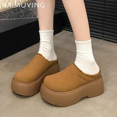 Suede Platform Women Cotton Slippers Mid Heels Designer Mules Shoes New Brand 2025 Trend Winter Warm Walking Snow Botas De Mujer