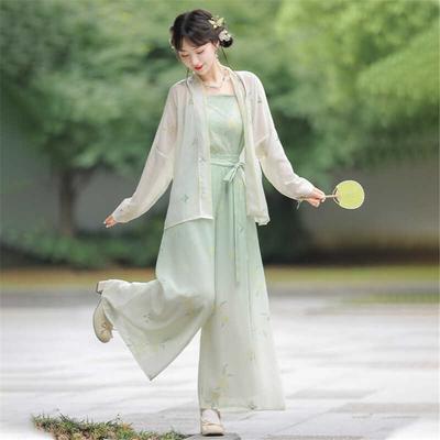 Chinese Song Dynasty Style Song Pants Suit, Modified Hanfu, Airplane Sleeves, Tops, Three-piece Set