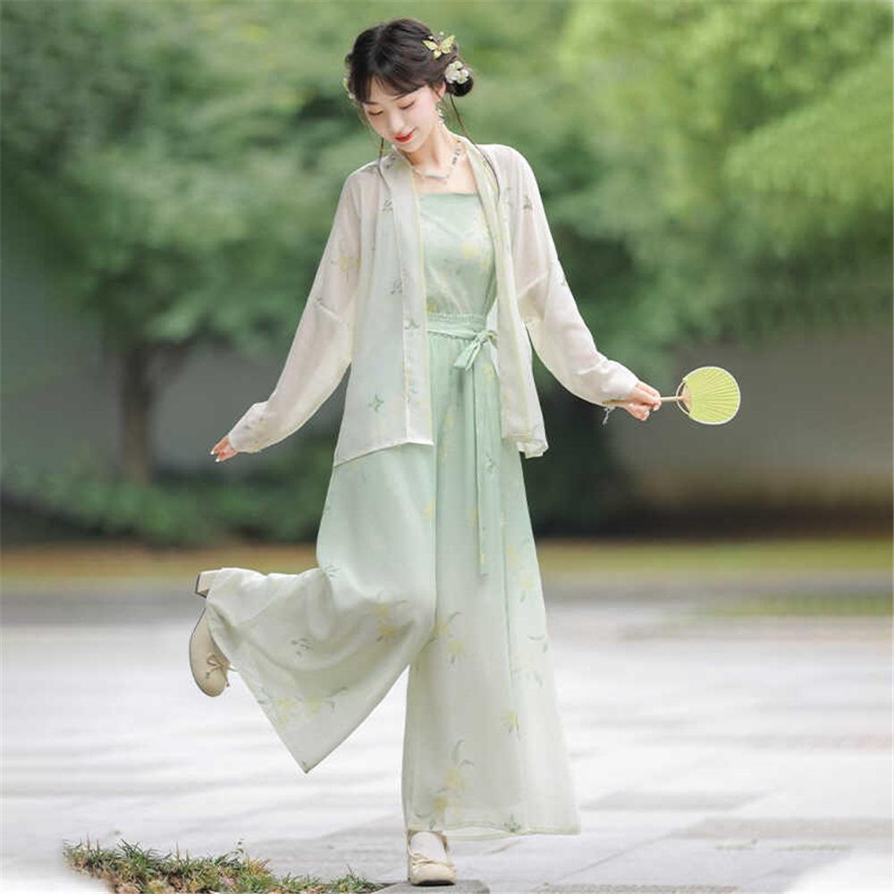 

Костюм в стиле династии Сун, брюки и кофта, модифицированный ханьфу, рукава-крылья, топ, комплект из трех предметов S зелёный