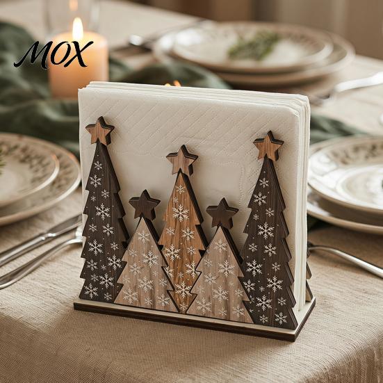 Kitchen Table Decoration Wooden Christmas Tree Napkin Holder, Freestanding Tissue Dispenser with Star And Snowflake Decor, Party Supplies Decorative