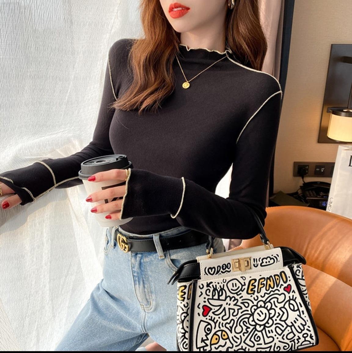 

Women s Double-Sided Wear German Fleece Base Layer Top Warm Half-High Neck Ruffled Long Sleeve T-Shirt for Autumn and Winter L