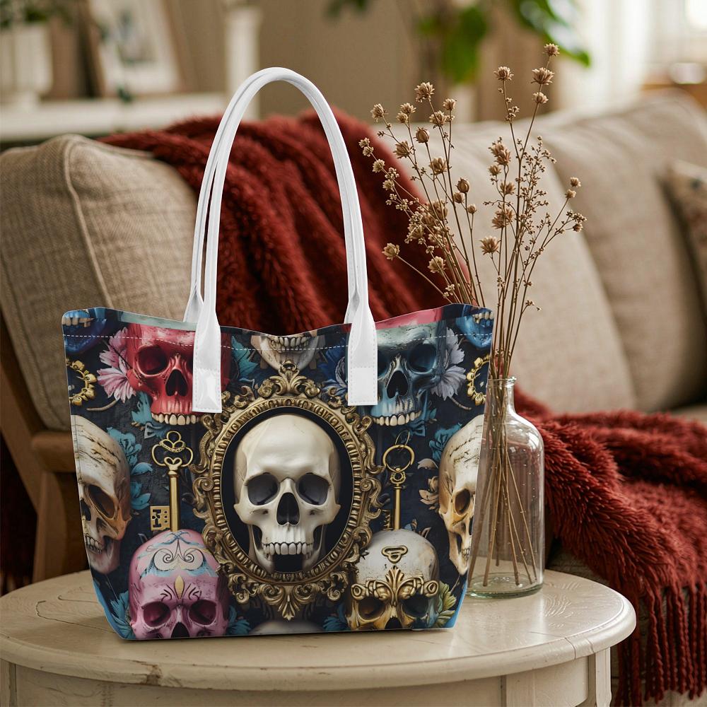 Vintage Skull Print Casual Tote Bag Dark Style Large Capacity Portable Shoulder Handbag for Daily Use