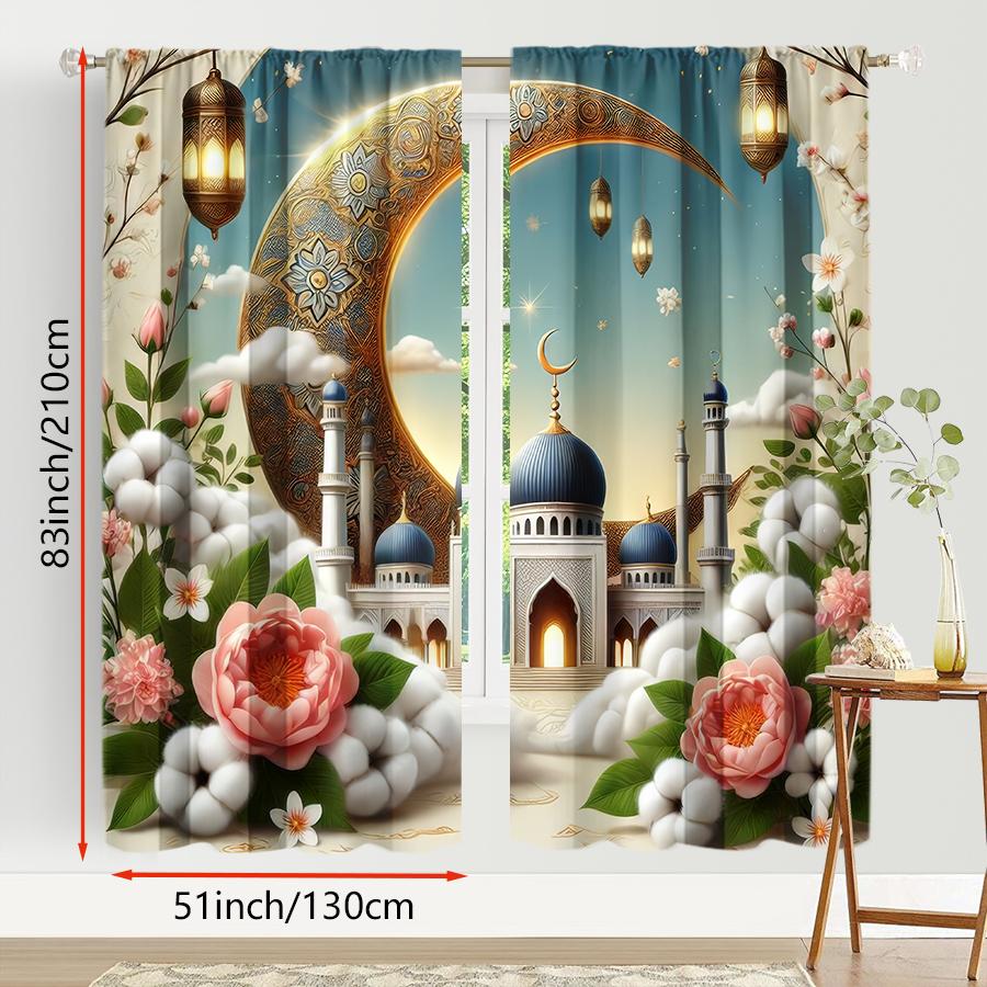 2PCS Soft Color Islamic Temple Flower Curtains   Fresh Wind   Bedroom and Living Room   Drawbar Pocket Decorative Curtains