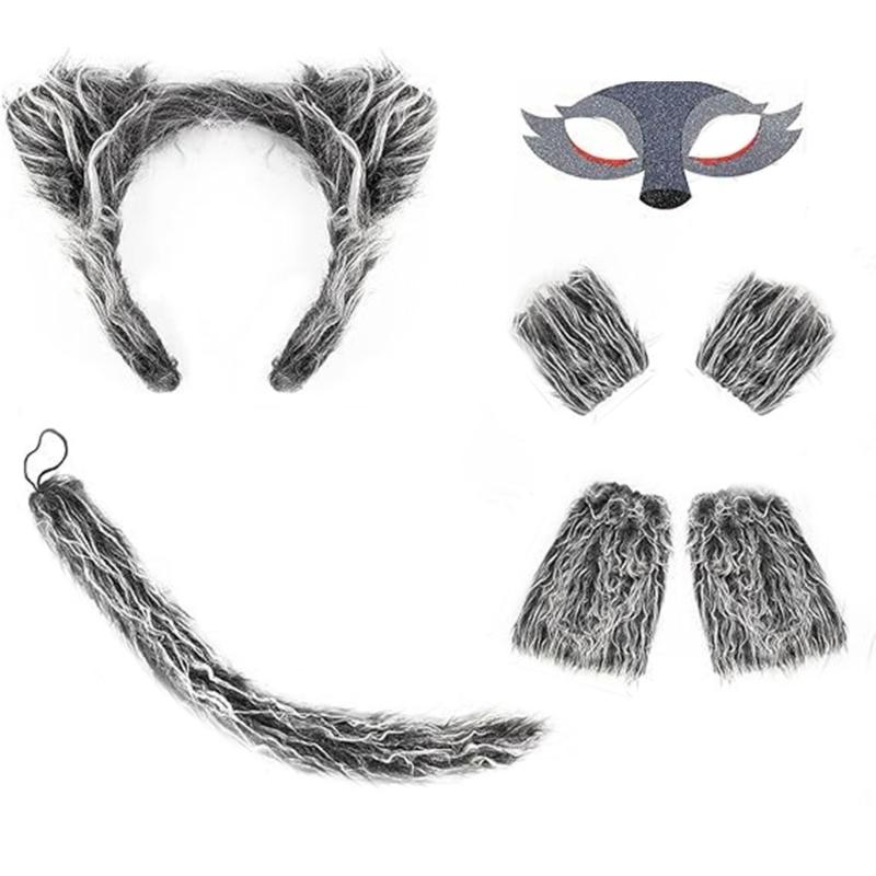 Kinder Wolf Kostüm Set mit Grauen Stirnbändern und Schwanz Dschungeltier Verkleidung für Halloweens Partyzubehör Dekoration