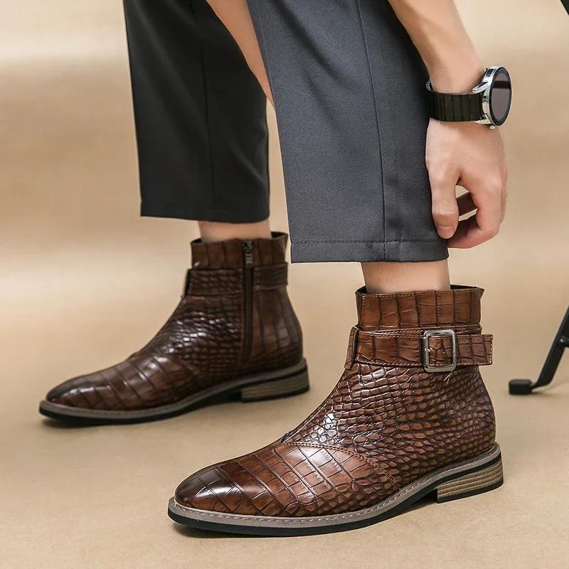 New Brown Ankle Boots for Men Zippper Black Crocodile Pattern  Square Toe Fashion Business Formal Men's Boots Size 38-46