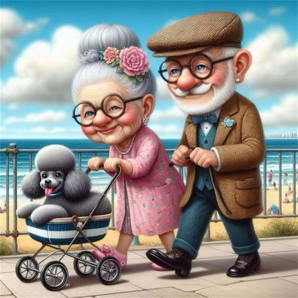 Cartoon Happy Old Couple 5D Full Round Diamond Painting Kits, Cute Grandma and Grandpa DIY Drills Mosaic Embroidery Cross-stitch