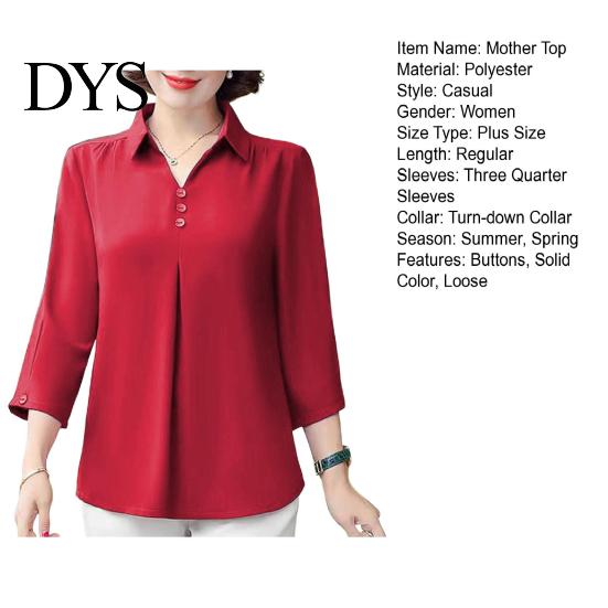 Turn-down Collar Mother Summer Top Buttons Solid Color Three-quarter Sleeves Pullover Match Pants Mid-aged Casual Plus Size Mom Spring T-shirt Women
