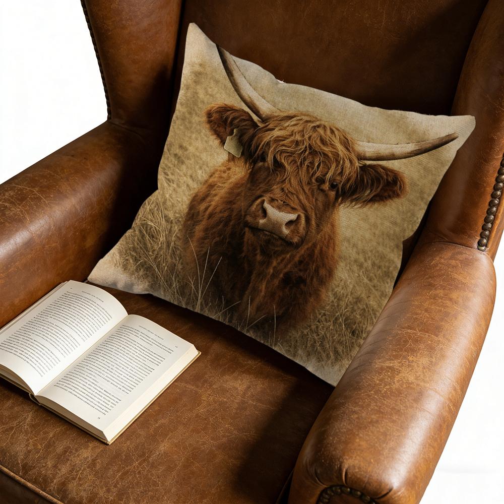 Square Decorative Pillow Beige Highland Cow Print For Living Room Bedroom Window Seat