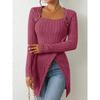 Spring Autumn Women's Solid Color Long Sleeved Knitted Square Neck Irregular T-shirt Top Pullovers & Long Sleeves Women’s