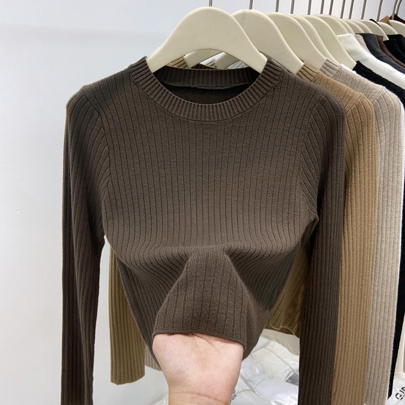 

Уникальный круглый вырез, вязаный свитер для женщин, осень и зима, короткий базовый свитер, черный топ с длинными рукавами 3XL темный кофе