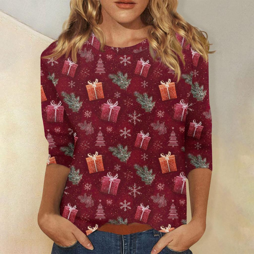 3/4 Sleeve Shirts For Women Print Christmas Tees Blouses Casual Plus Size Basic Tops Pullover
