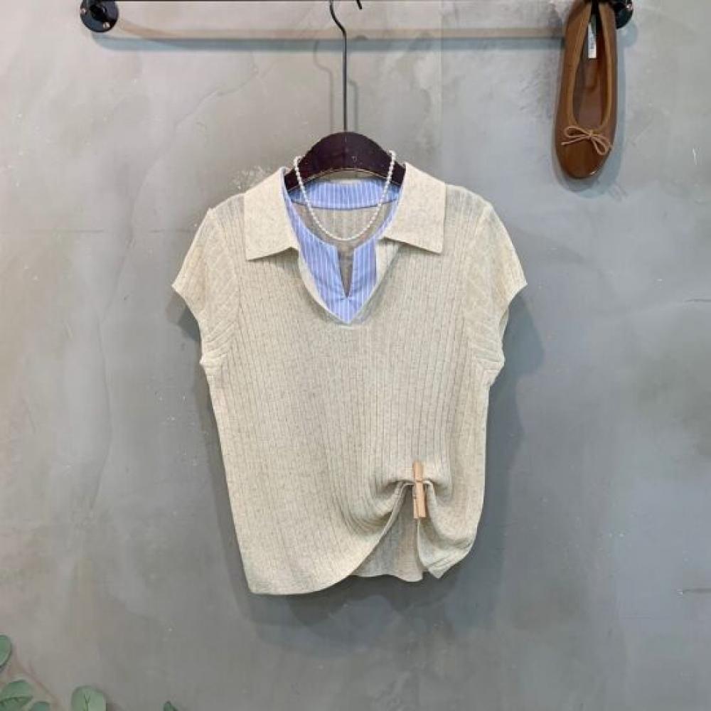 C S In The Room Layered Shirt Open Collar Cap Sleeve Knit 4Color