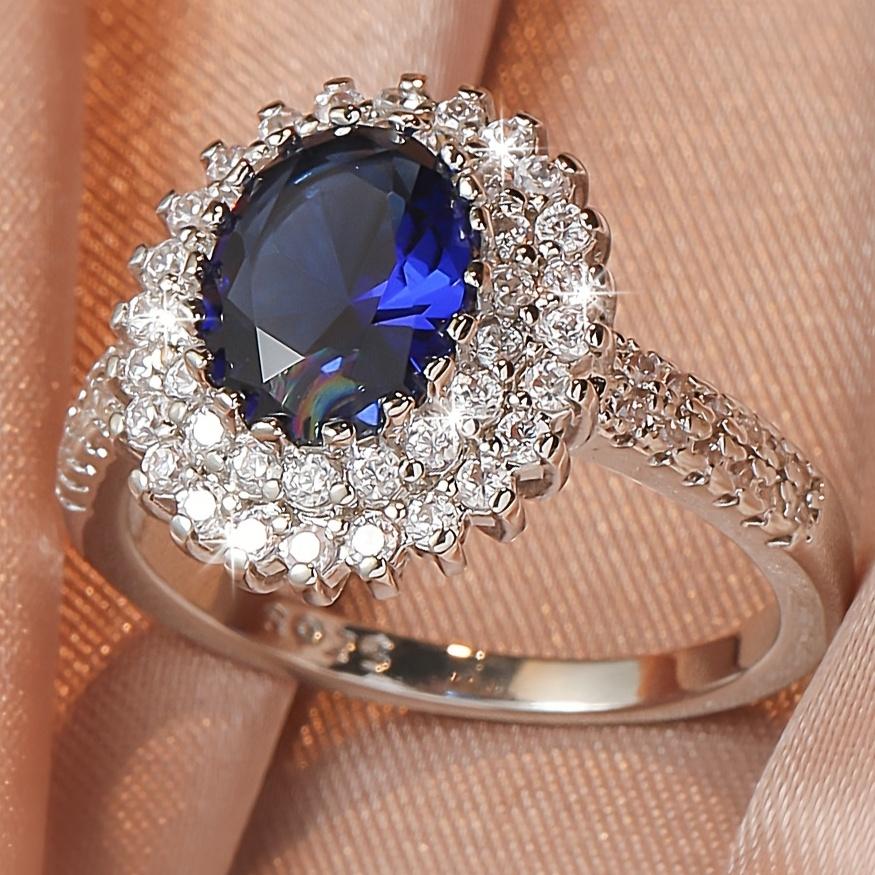 Elegant Women's Blue Glass Zirconia Halo Ring - Sophisticated Copper Wedding Band with Crystal Accents, Ideal for Daily Wear & Gifting, Perfect Valent