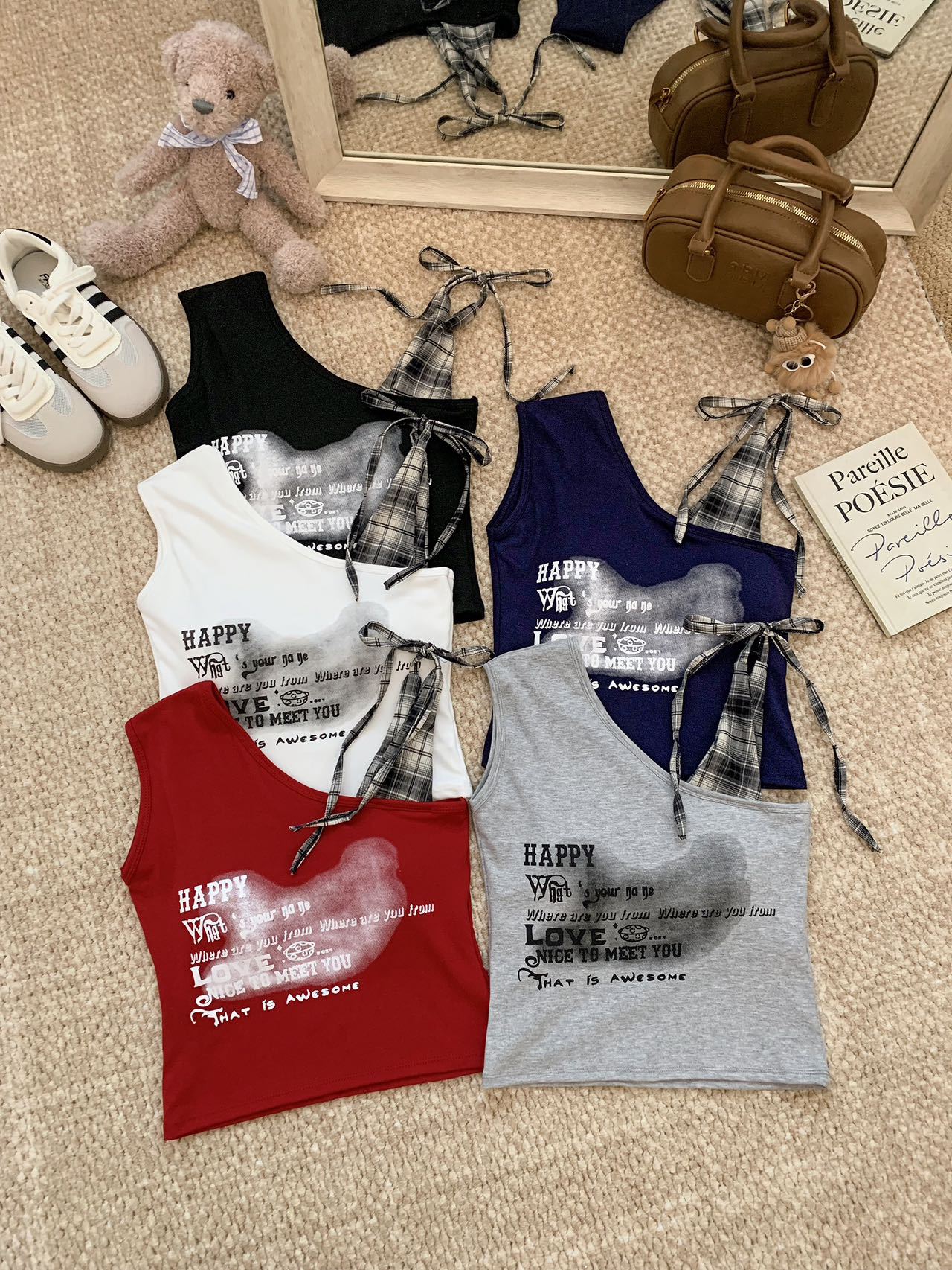 

#Summer new sweet and sexy letter printing plaid strap sling vest integrated with chest pad One size fits all белый