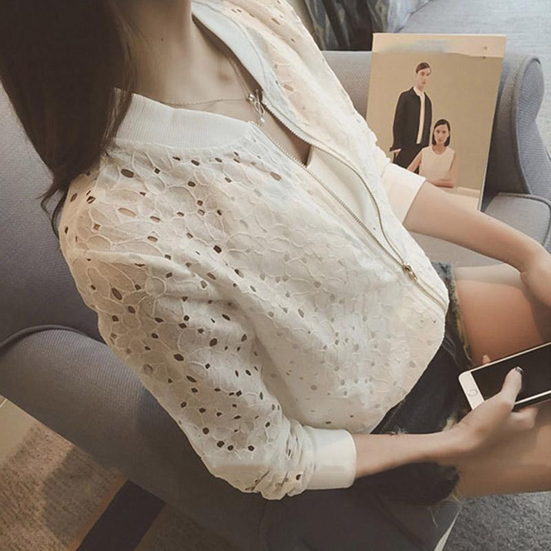Mode Frauen Bomber Jacke Langarm Spitze Sonnencreme Shirt Kurzen Sommer Dünne Mantel Casual Baseball Mantel