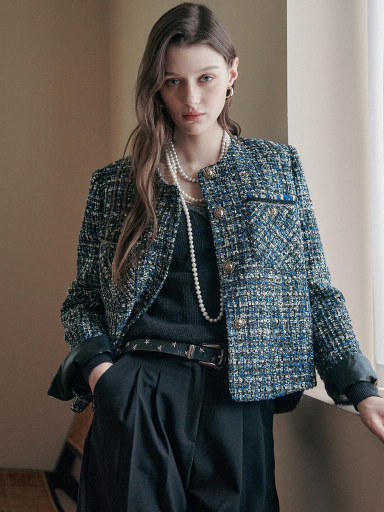 Maxza Funkelnde Leder-Kontrast Steppgefütterte Tweed-Wolljacke (blau)