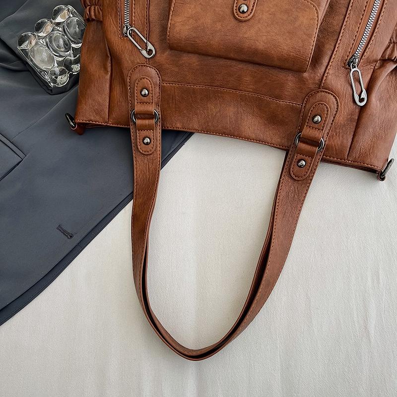 Fashionable PU Tote Bag Women's Multi Pocket Handbag with Adjustable Shoulder Strap Everyday Carry Bag