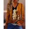 Women's T Shirt Print Graphic Animal Cat Vintage Stylish Classic Long Sleeve V Neck Regular Tops Daily Orange Spring Fall Winter