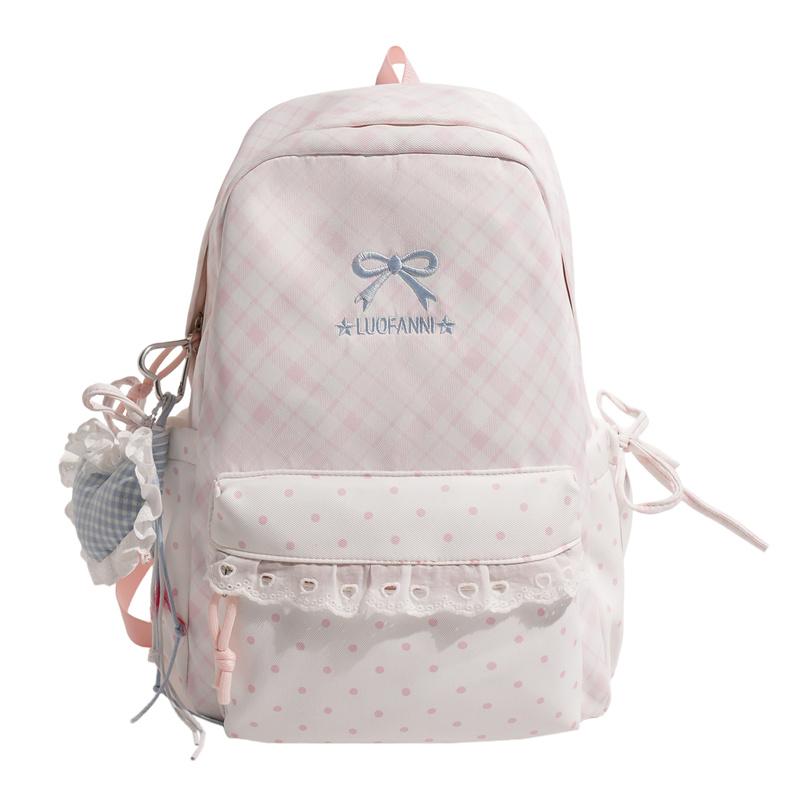 Cute Gingham Polka Dot School Backpack with Bow Detail Lace Trim Lightweight Zipper Daypack for Teen Girls Travel
