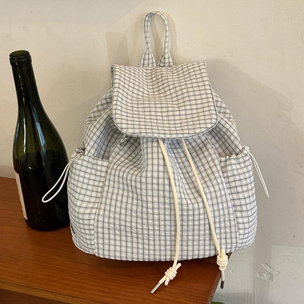 Korean Solid Color Drawstring Backpacks Korean Light Weight Ruched Shoulder Bags Casual Canvas Plaid Nylon Backpacks Outdoor белый