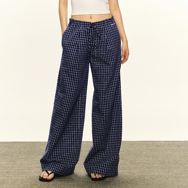 American Retro Thin Blue Plaid Casual Pants Women's Summer New Low-rise Loose Wide-leg Pants