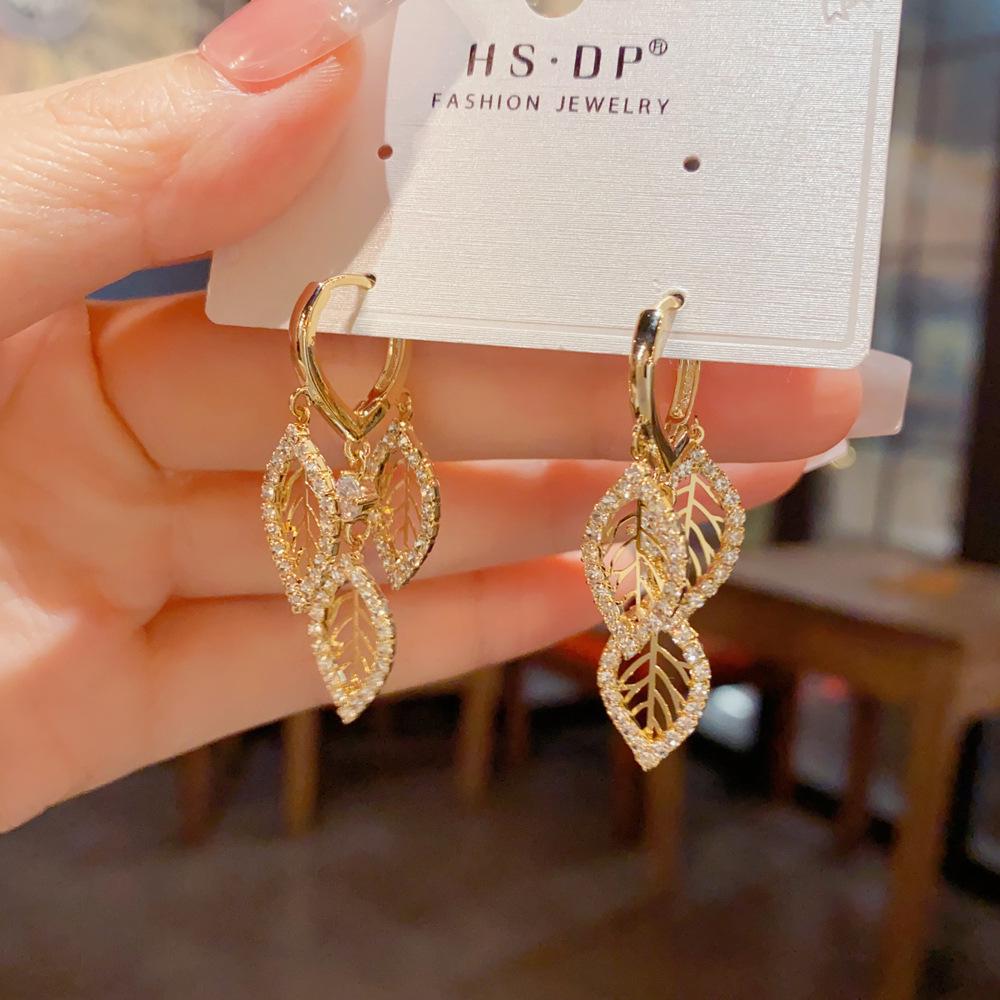 Euro-American Luxury Zirconia Leaf Tassel Earrings for Women - Unique, Shiny, and Stylish Design