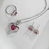 Red Zircon Love Heart Jewelry Set Rhinestone Necklace Stud Earrings Ring Set Romantic Accessories for Birthday Valentine's Day Gift